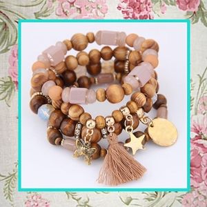 🌸 4PC: BRACELET BEAD WOOD GOLD BANGLE BOHEMIAN CHARMS LAYERS STACKER QUARTZ